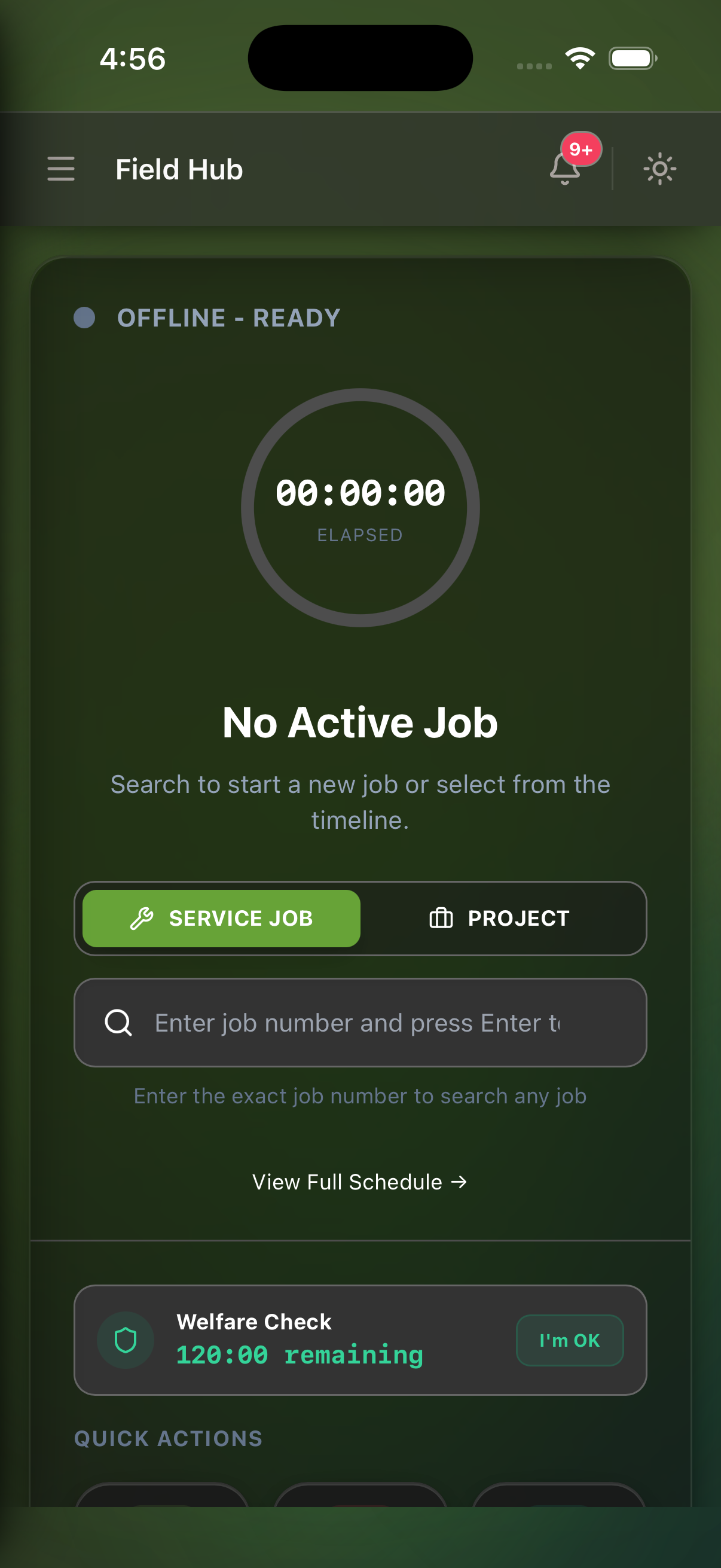 Q-OPTIX Field Hub — mobile clock-in and job timer